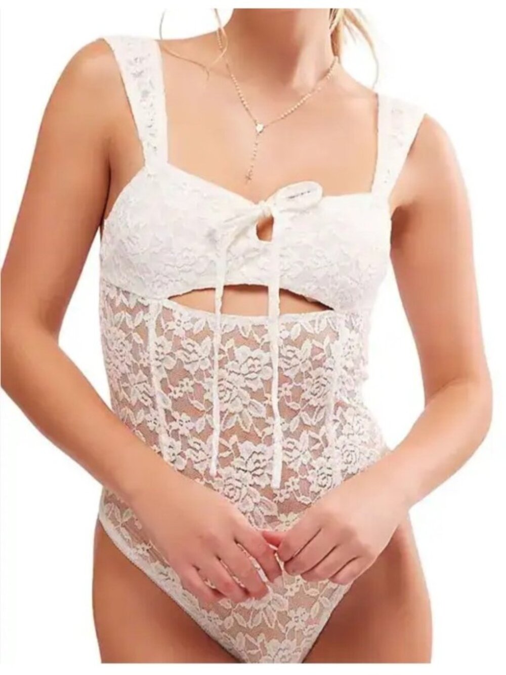 Free People Strike A Pose Lace Bodysuit Womens Sz Medium White Floral Sheer